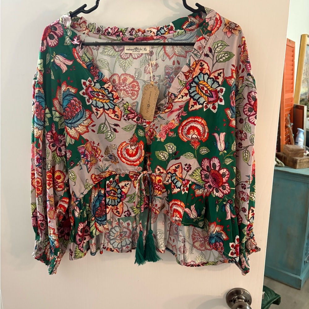 NATURAL LIFE Multicolor Floral Blouse with Tassels